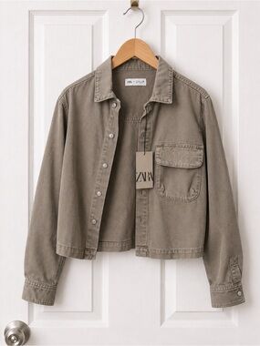 Zara NWT Boys Shirt Jacket Overshirt Taupe Beige Twill Utility Sz 13-14 Teen